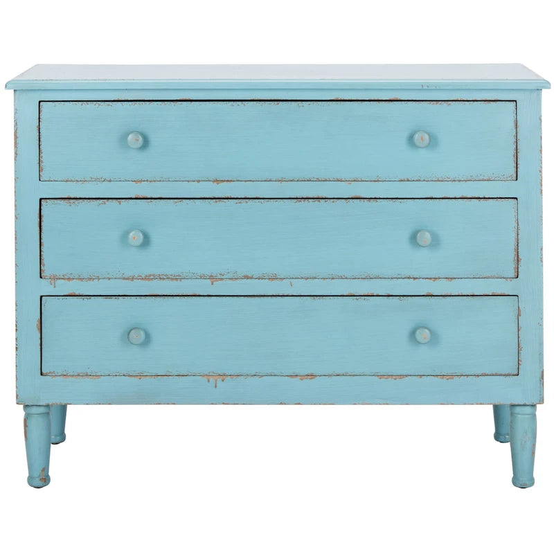 Commode de rangement bleue à 3 tiroirs, finition vieillie