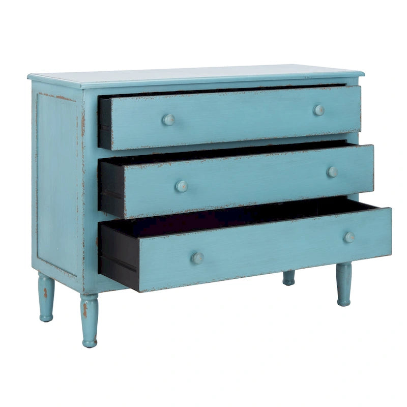 Commode de rangement bleue à 3 tiroirs, finition vieillie