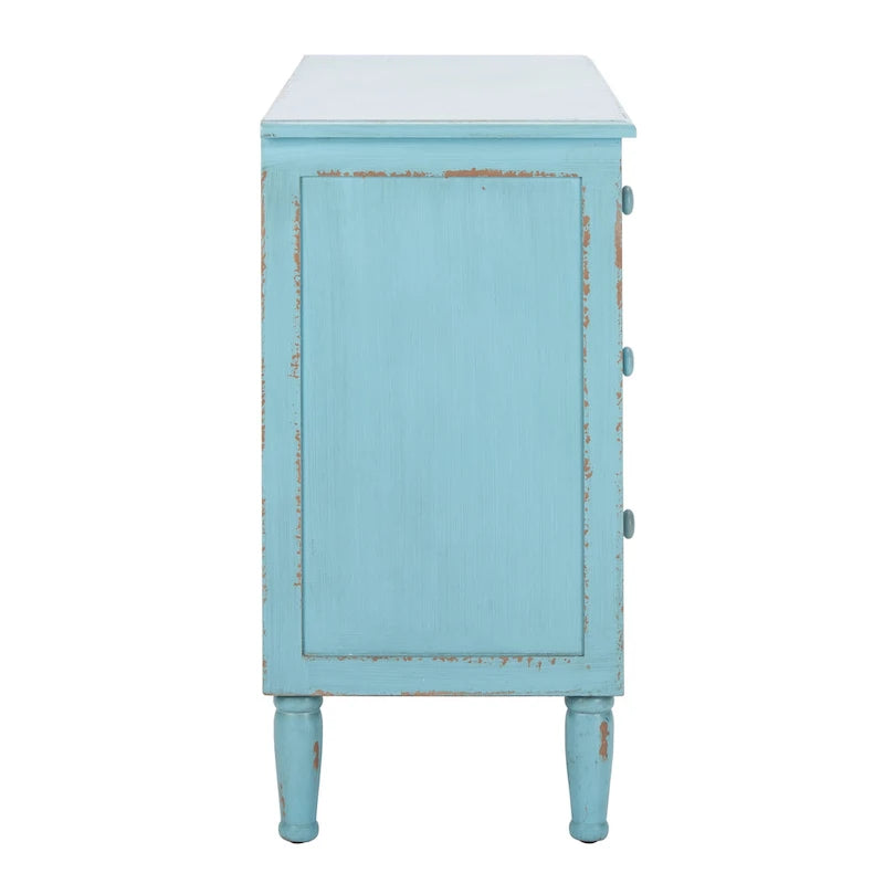 Commode de rangement bleue à 3 tiroirs, finition vieillie