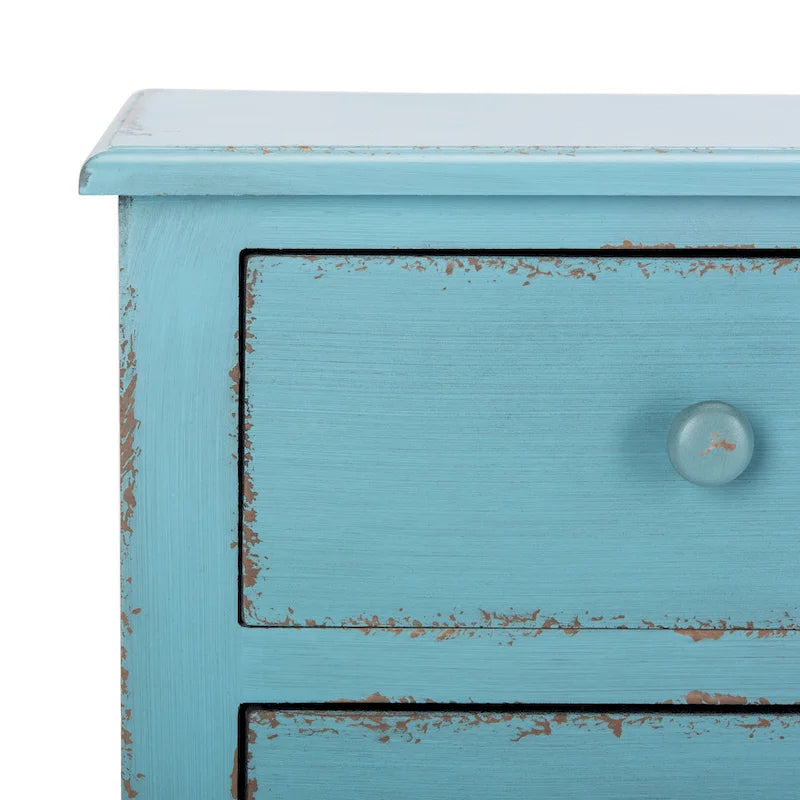 Commode de rangement bleue à 3 tiroirs, finition vieillie