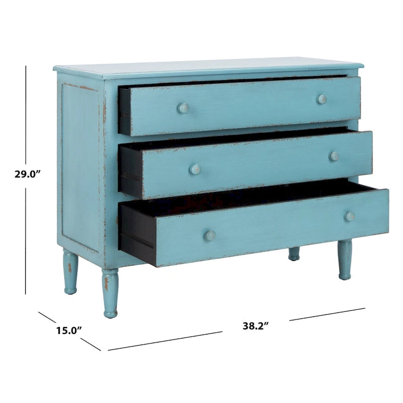 Commode de rangement bleue à 3 tiroirs, finition vieillie