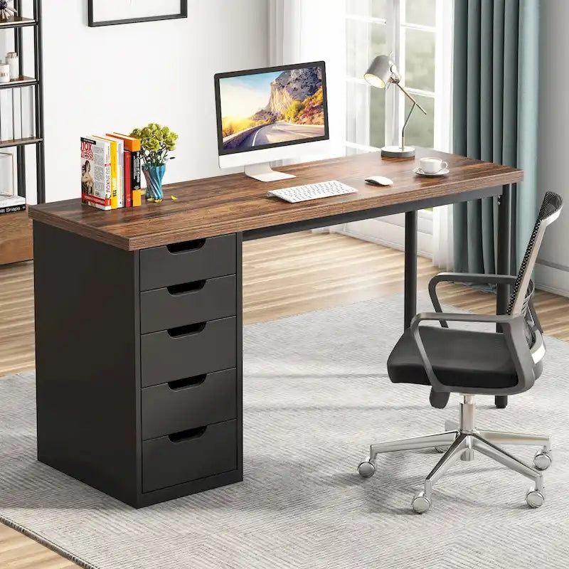 Bureau d’ordinateur de 47 pouces avec 5 tiroirs, bureau en bois et métal pour le bureau ou le salon