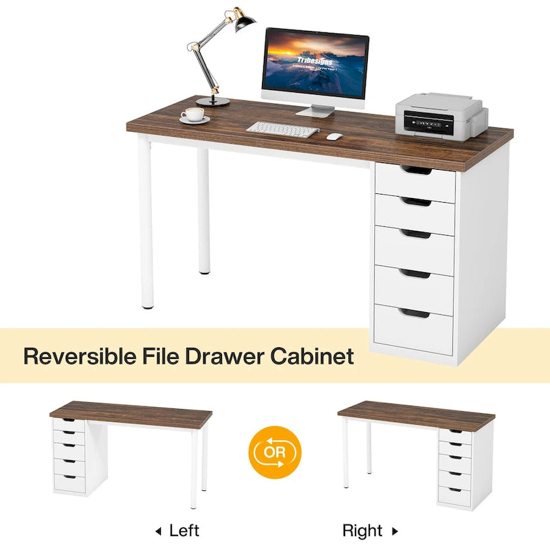 Bureau d’ordinateur de 47 pouces avec 5 tiroirs, bureau en bois et métal pour le bureau ou le salon