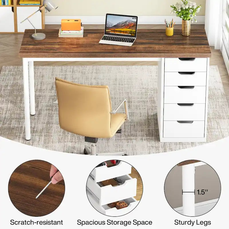 Bureau d’ordinateur de 47 pouces avec 5 tiroirs, bureau en bois et métal pour le bureau ou le salon