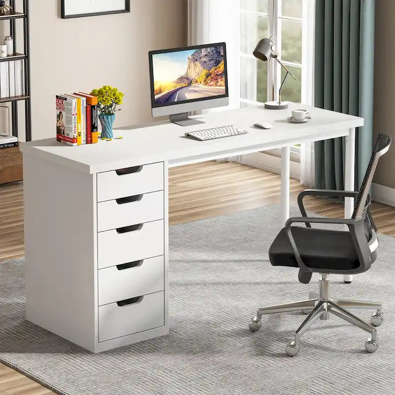 Bureau d’ordinateur de 47 pouces avec 5 tiroirs, bureau en bois et métal pour le bureau ou le salon