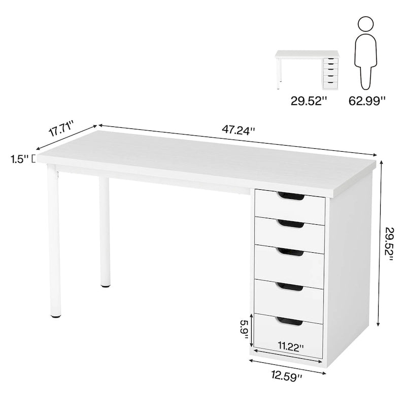 Bureau d’ordinateur de 47 pouces avec 5 tiroirs, bureau en bois et métal pour le bureau ou le salon