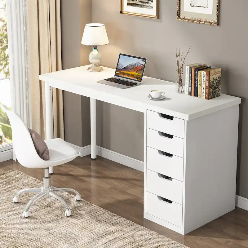 Bureau d’ordinateur de 47 pouces avec 5 tiroirs, bureau en bois et métal pour le bureau ou le salon