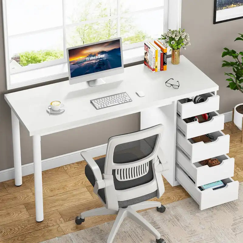 Bureau d’ordinateur de 47 pouces avec 5 tiroirs, bureau en bois et métal pour le bureau ou le salon
