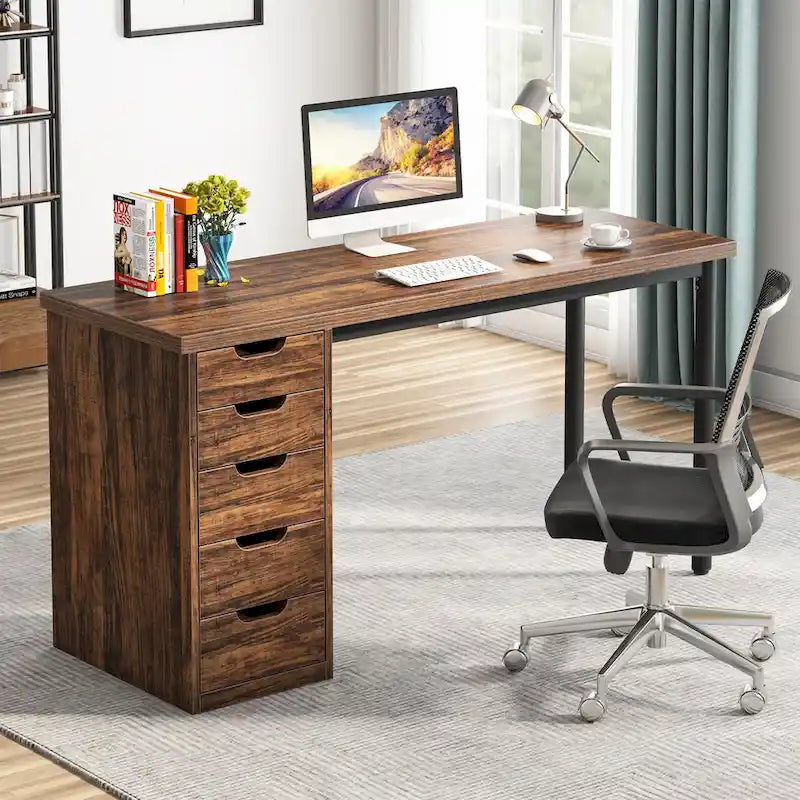Bureau d’ordinateur de 47 pouces avec 5 tiroirs, bureau en bois et métal pour le bureau ou le salon