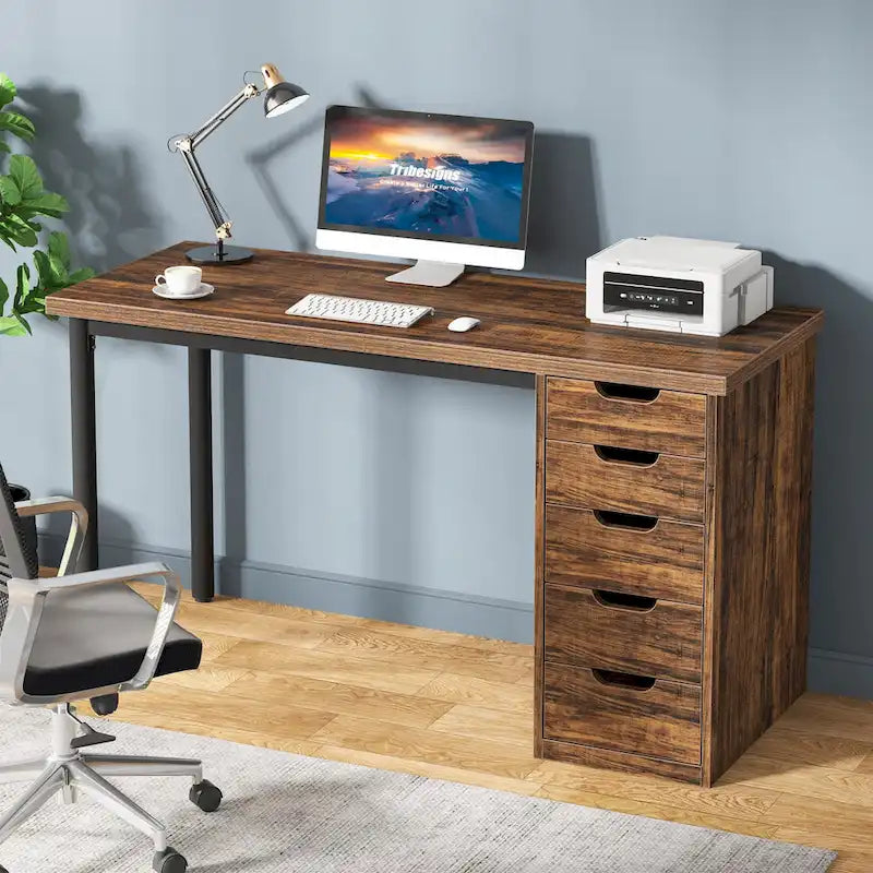 Bureau d’ordinateur de 47 pouces avec 5 tiroirs, bureau en bois et métal pour le bureau ou le salon