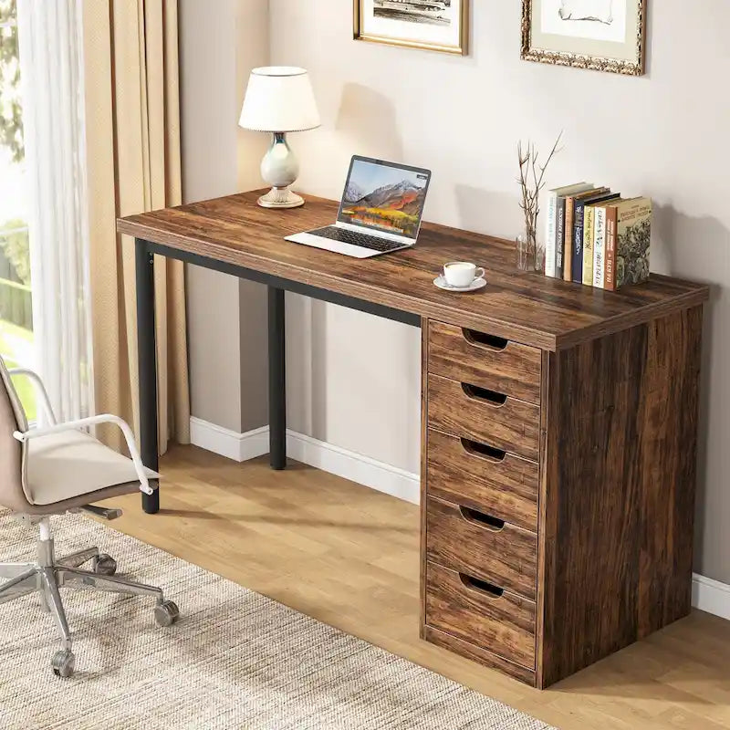 Bureau d’ordinateur de 47 pouces avec 5 tiroirs, bureau en bois et métal pour le bureau ou le salon