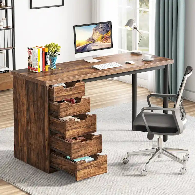 Bureau d’ordinateur de 47 pouces avec 5 tiroirs, bureau en bois et métal pour le bureau ou le salon