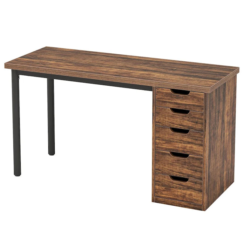 Bureau d’ordinateur de 47 pouces avec 5 tiroirs, bureau en bois et métal pour le bureau ou le salon