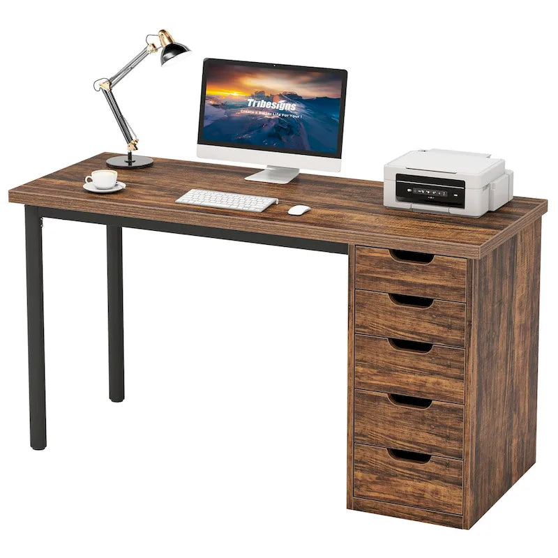 Bureau d’ordinateur de 47 pouces avec 5 tiroirs, bureau en bois et métal pour le bureau ou le salon