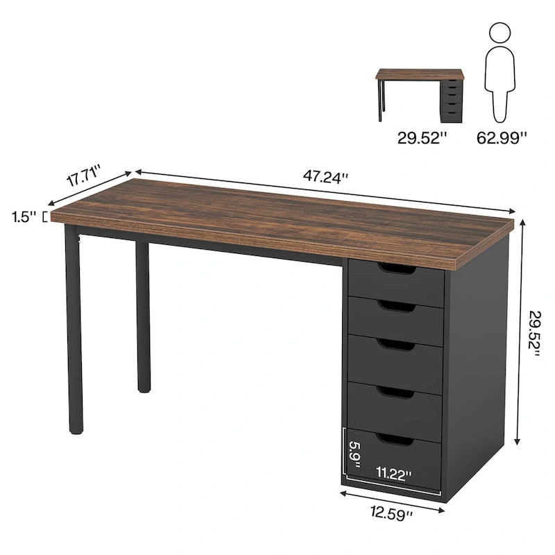 Bureau d’ordinateur de 47 pouces avec 5 tiroirs, bureau en bois et métal pour le bureau ou le salon