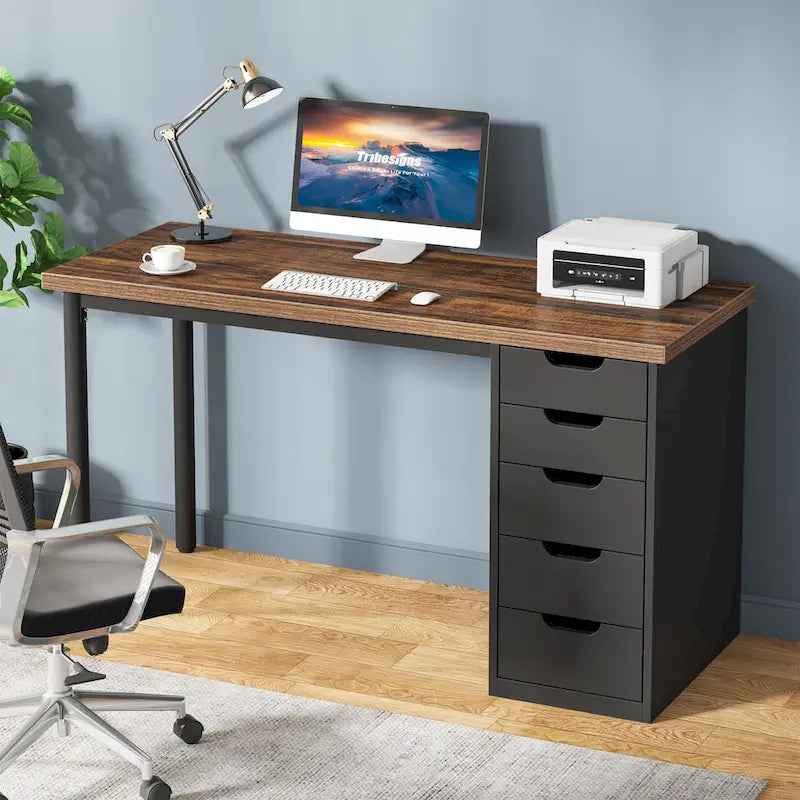 Bureau d’ordinateur de 47 pouces avec 5 tiroirs, bureau en bois et métal pour le bureau ou le salon