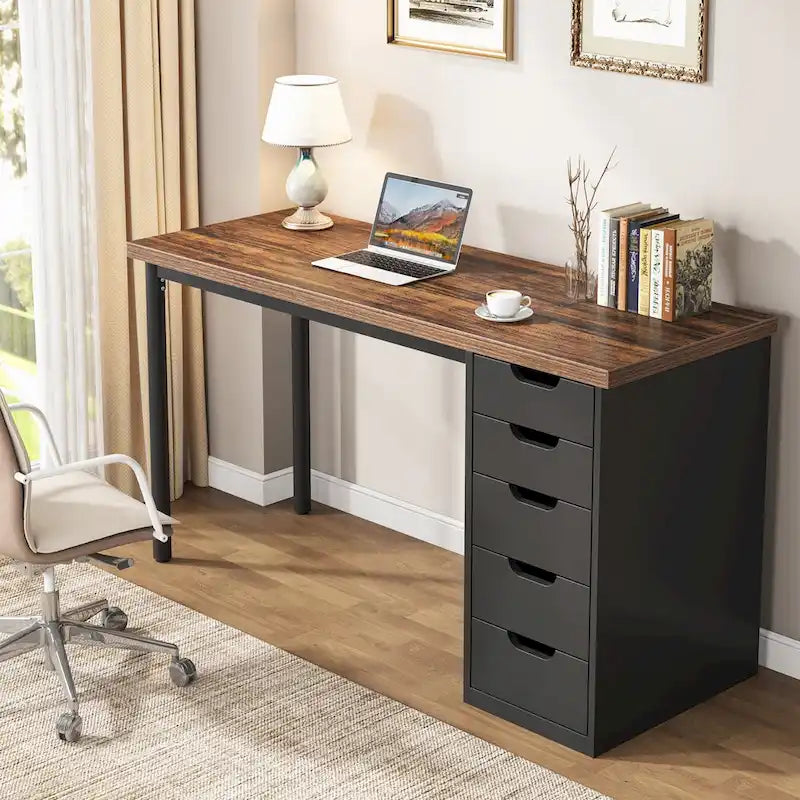 Bureau d’ordinateur de 47 pouces avec 5 tiroirs, bureau en bois et métal pour le bureau ou le salon