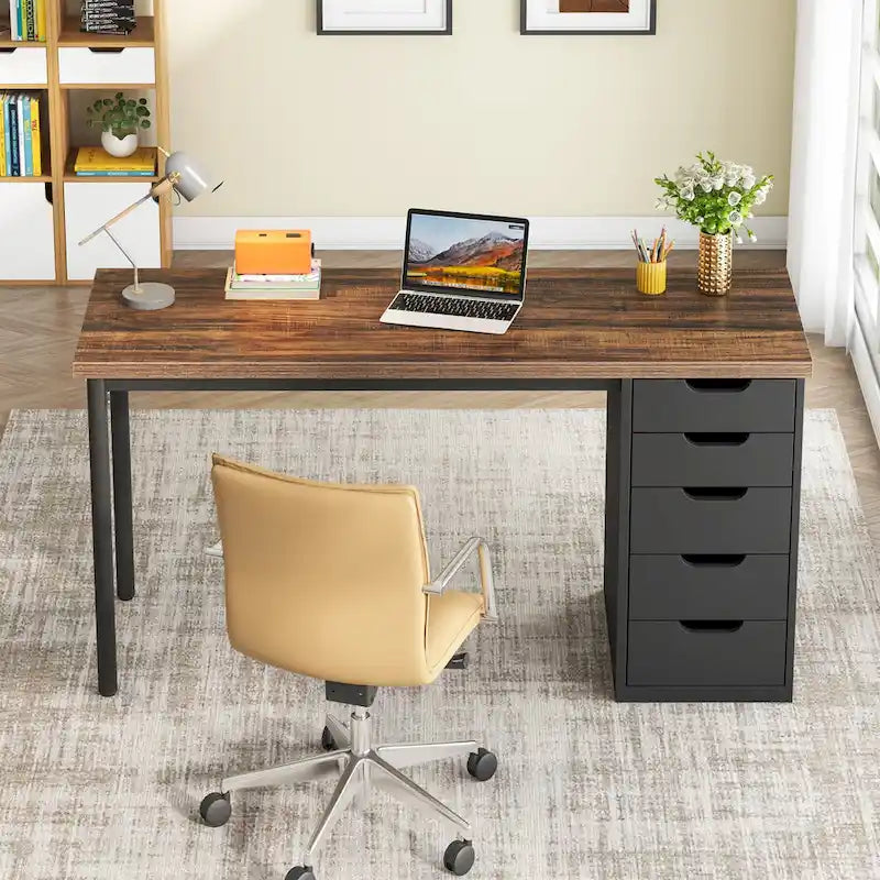 Bureau d’ordinateur de 47 pouces avec 5 tiroirs, bureau en bois et métal pour le bureau ou le salon