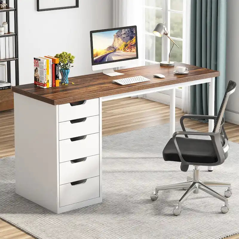 Bureau d’ordinateur de 47 pouces avec 5 tiroirs, bureau en bois et métal pour le bureau ou le salon