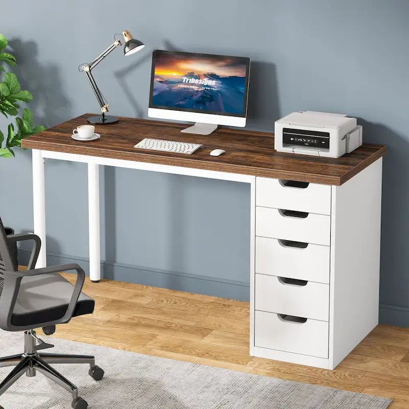 Bureau d’ordinateur de 47 pouces avec 5 tiroirs, bureau en bois et métal pour le bureau ou le salon