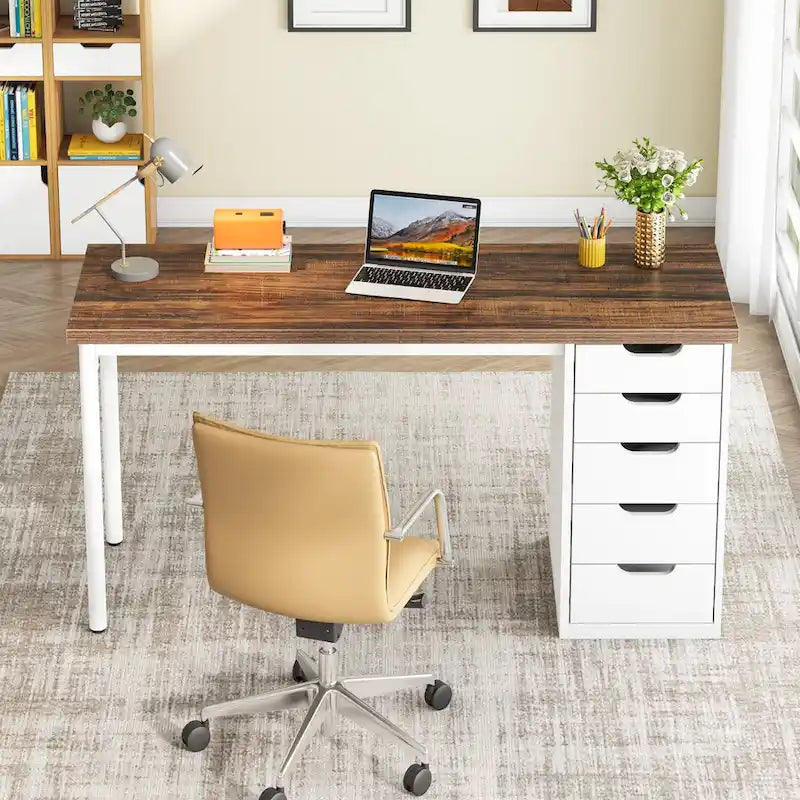 Bureau d’ordinateur de 47 pouces avec 5 tiroirs, bureau en bois et métal pour le bureau ou le salon