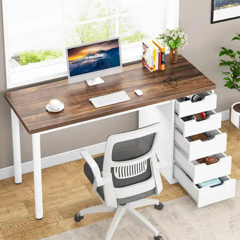 Bureau d’ordinateur de 47 pouces avec 5 tiroirs, bureau en bois et métal pour le bureau ou le salon