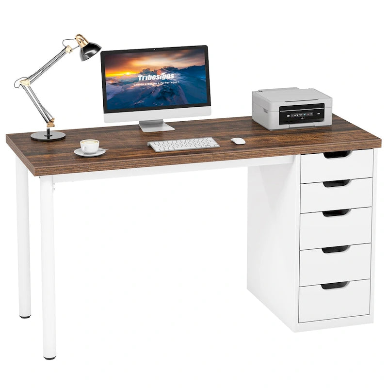 Bureau d’ordinateur de 47 pouces avec 5 tiroirs, bureau en bois et métal pour le bureau ou le salon