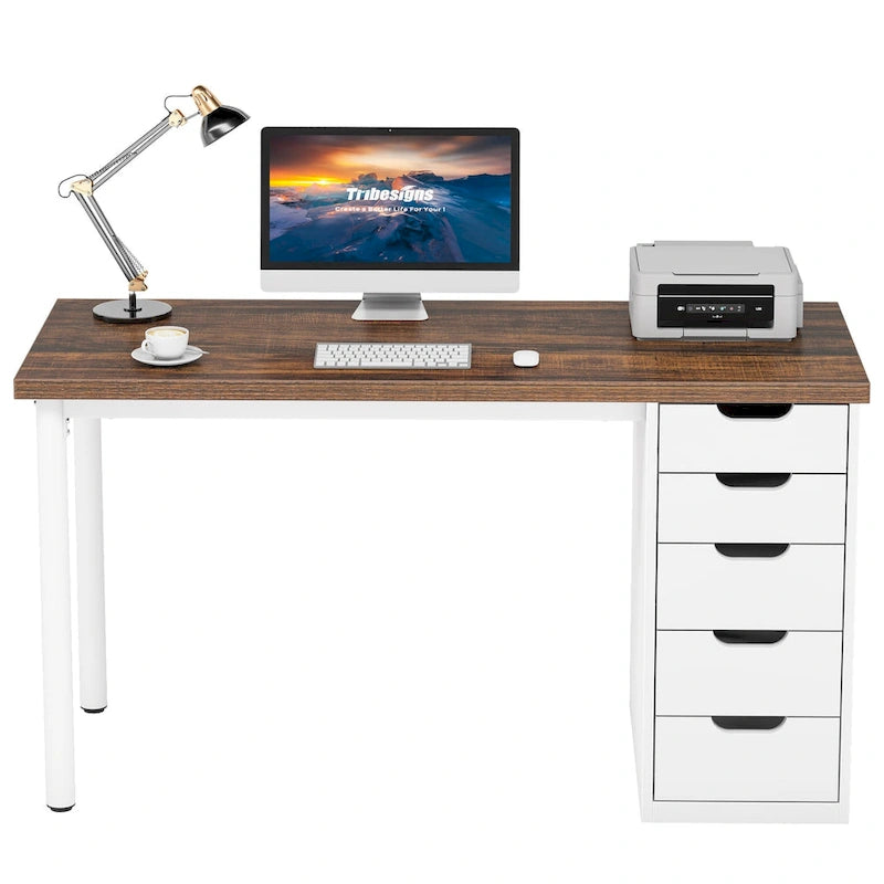 Bureau d’ordinateur de 47 pouces avec 5 tiroirs, bureau en bois et métal pour le bureau ou le salon