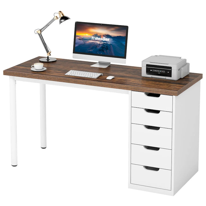 Bureau d’ordinateur de 47 pouces avec 5 tiroirs, bureau en bois et métal pour le bureau ou le salon