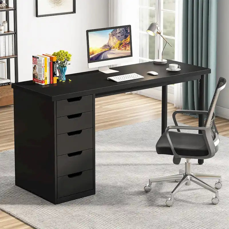 Bureau d’ordinateur de 47 pouces avec 5 tiroirs, bureau en bois et métal pour le bureau ou le salon