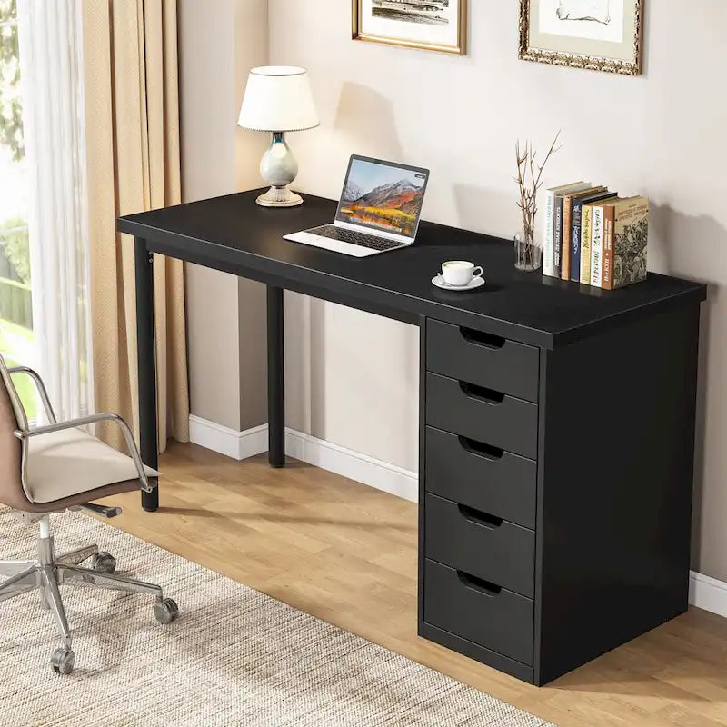 Bureau d’ordinateur de 47 pouces avec 5 tiroirs, bureau en bois et métal pour le bureau ou le salon