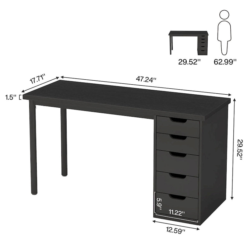 Bureau d’ordinateur de 47 pouces avec 5 tiroirs, bureau en bois et métal pour le bureau ou le salon