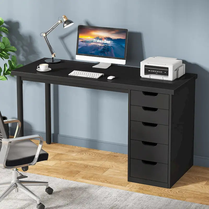 Bureau d’ordinateur de 47 pouces avec 5 tiroirs, bureau en bois et métal pour le bureau ou le salon