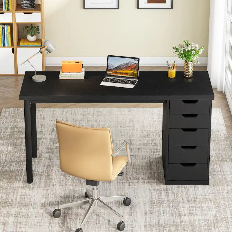 Bureau d’ordinateur de 47 pouces avec 5 tiroirs, bureau en bois et métal pour le bureau ou le salon