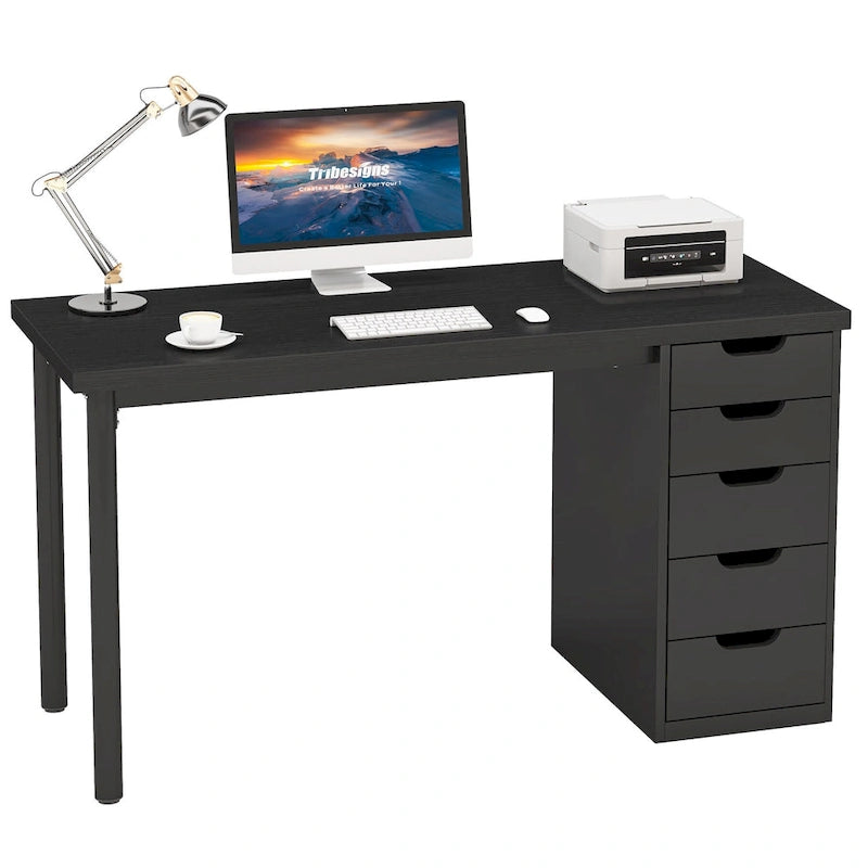 Bureau d’ordinateur de 47 pouces avec 5 tiroirs, bureau en bois et métal pour le bureau ou le salon