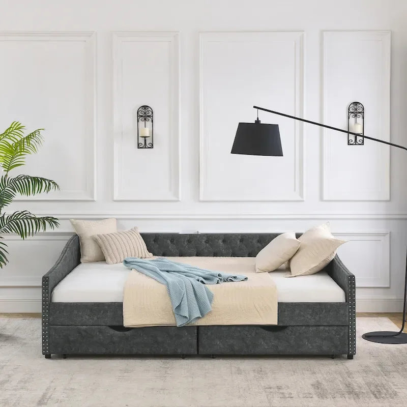 Tagesbett mit Schubladen, gepolstert und getuftet