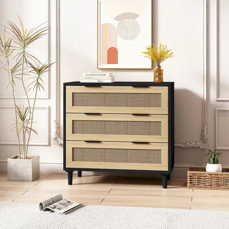 Meuble de rangement en rotin à 3 tiroirs, commode à tiroirs en rotin