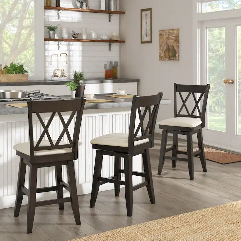 Tabouret de bar pivotant en bois avec dossier à double X