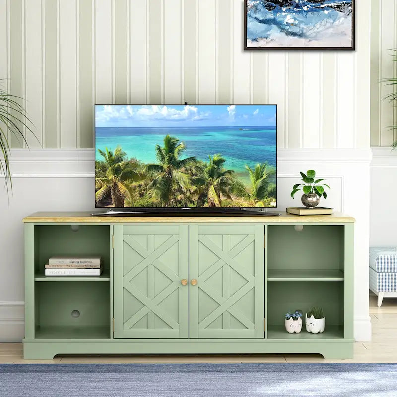 Meuble TV rustique extra-large de 70 pouces pour téléviseurs de 80 pouces - finition bois naturel