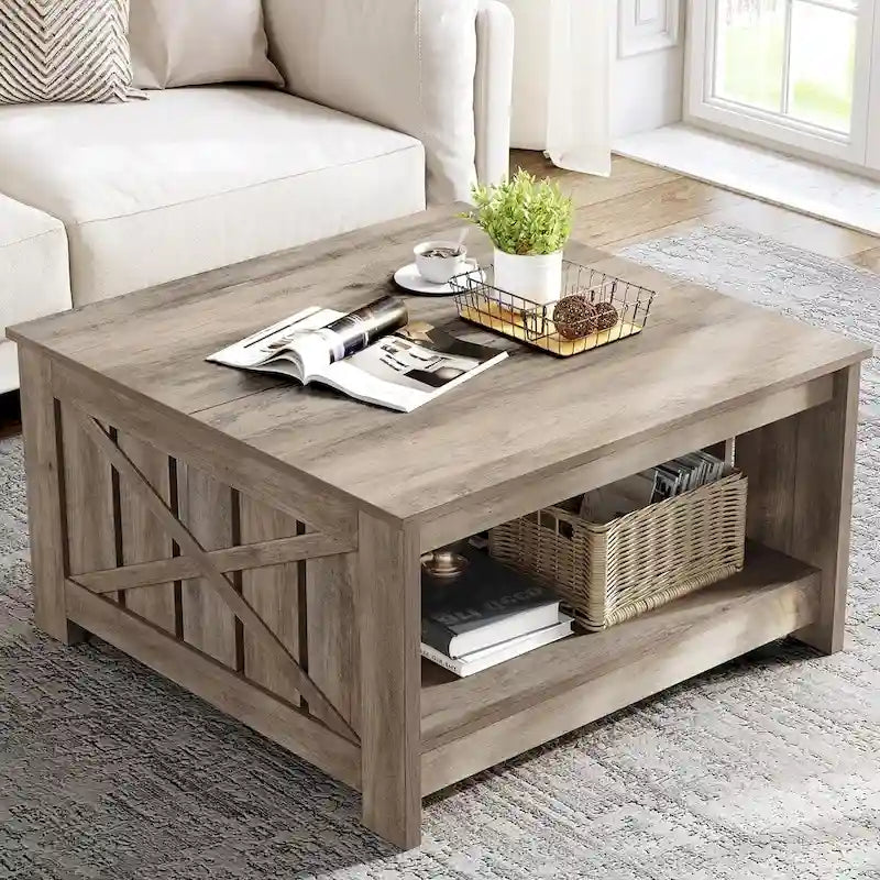 Table basse de style campagne avec rangement pour le salon, table centrale carrée