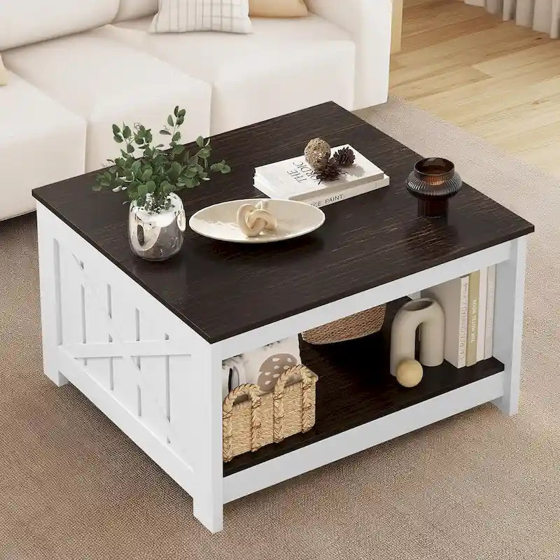 Table basse de style campagne avec rangement pour le salon, table centrale carrée