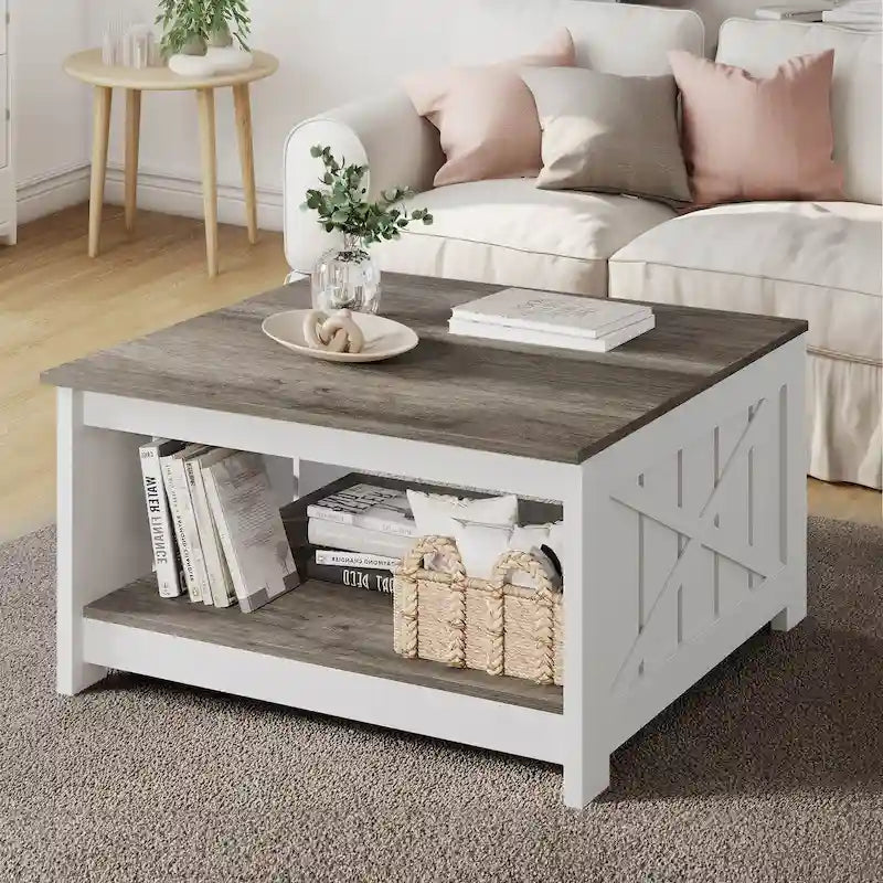 Table basse de style campagne avec rangement pour le salon, table centrale carrée
