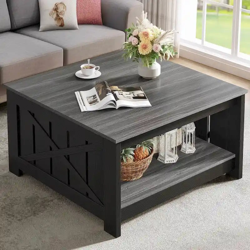 Table basse de style campagne avec rangement pour le salon, table centrale carrée
