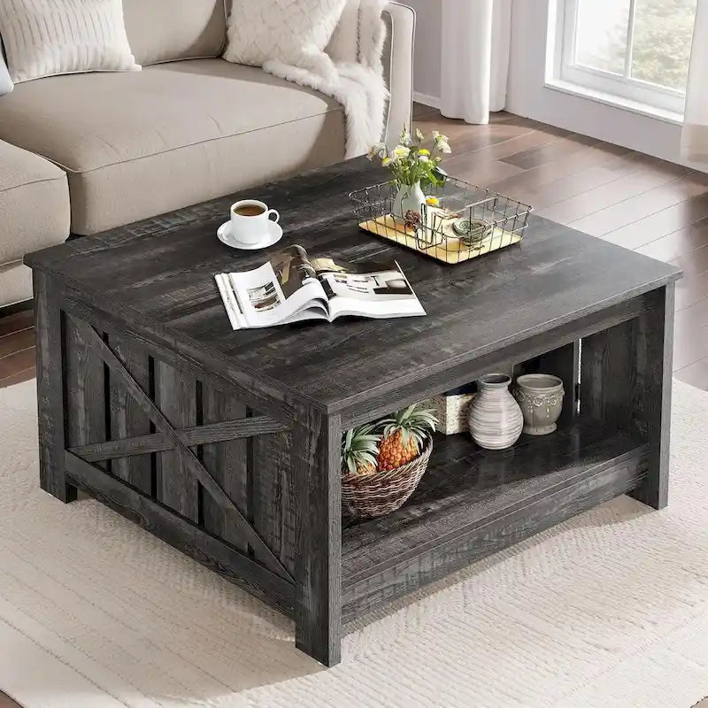 Table basse de style campagne avec rangement pour le salon, table centrale carrée