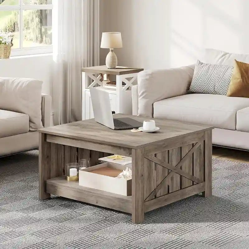 Table basse de style campagne avec rangement pour le salon, table centrale carrée