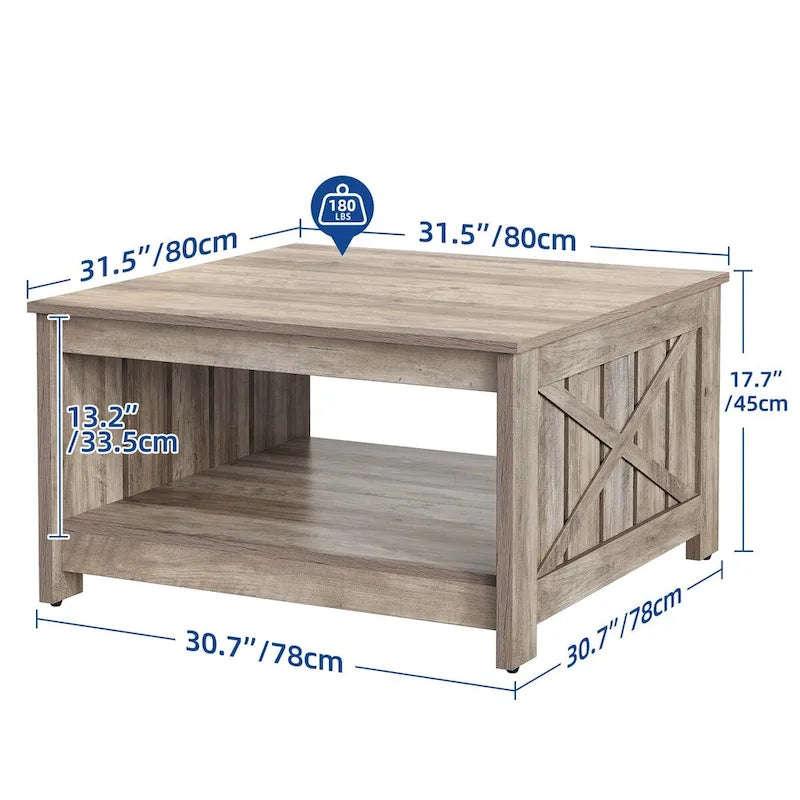 Table basse de style campagne avec rangement pour le salon, table centrale carrée