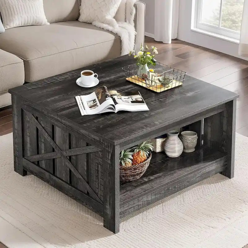 Table basse de style campagne avec rangement pour le salon, table centrale carrée