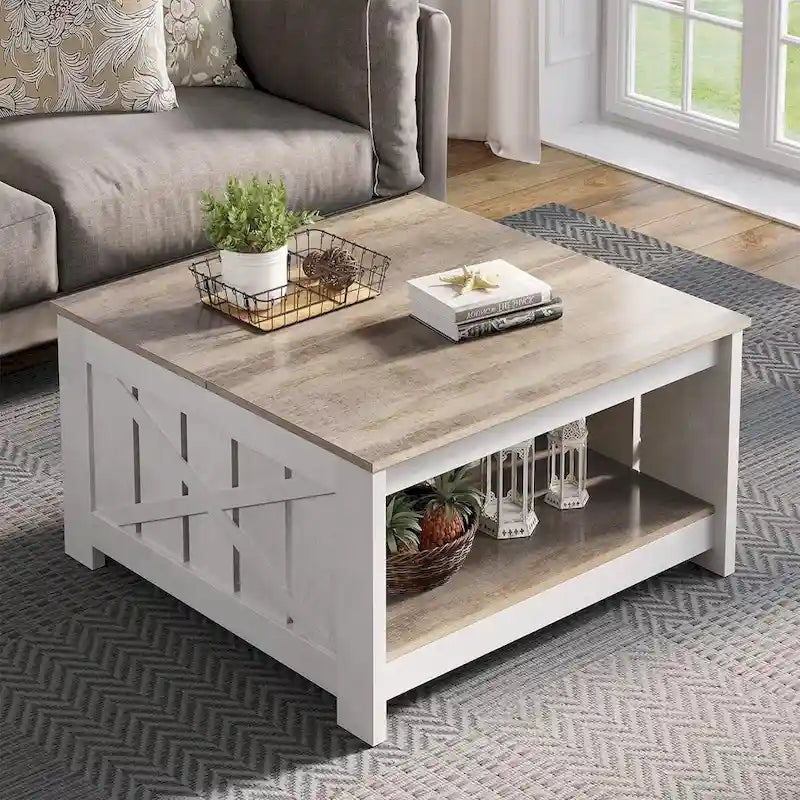 Table basse de style campagne avec rangement pour le salon, table centrale carrée