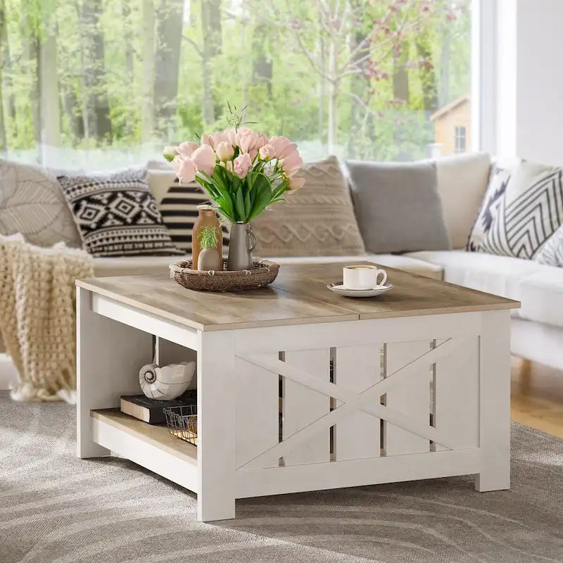 Table basse de style campagne avec rangement pour le salon, table centrale carrée
