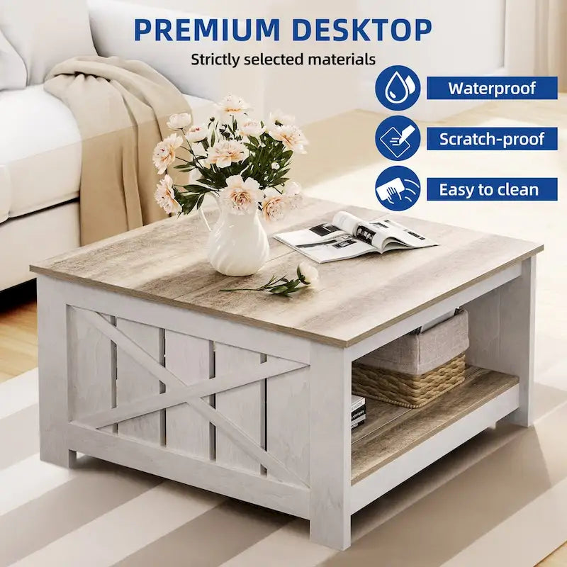 Table basse de style campagne avec rangement pour le salon, table centrale carrée